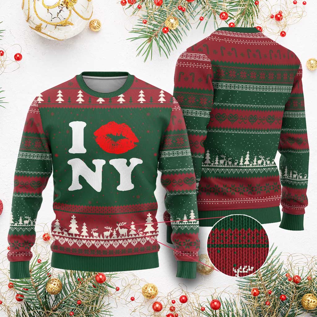 I Love NY Ugly Christmas Sweater Sexy Lips Red Lipstick Kiss New York Lover Travel Gift - Wonder Print Shop