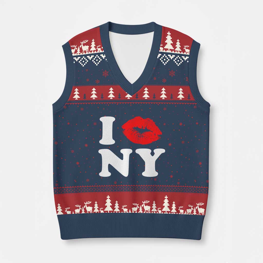 I Love NY V-Neck Knit Sweater Vest Sexy Lips Red Lipstick Kiss New York Lover Travel Gift - Wonder Print Shop