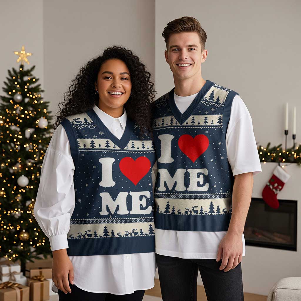I Love Me V-Neck Knit Sweater Vest Funny Self Love Heart Positive Vibes - Wonder Print Shop
