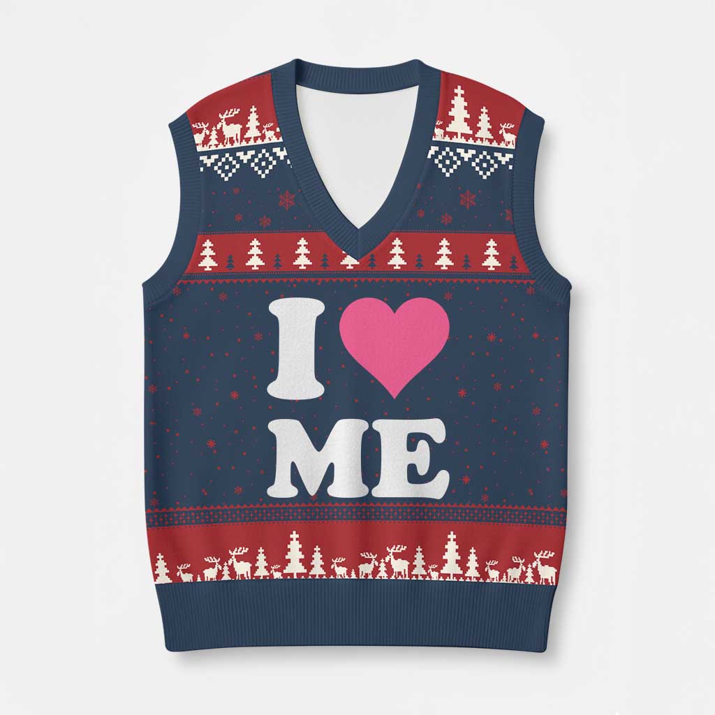 I Love Me V-Neck Knit Sweater Vest Funny Self Love Pink Heart Positive Vibes - Wonder Print Shop