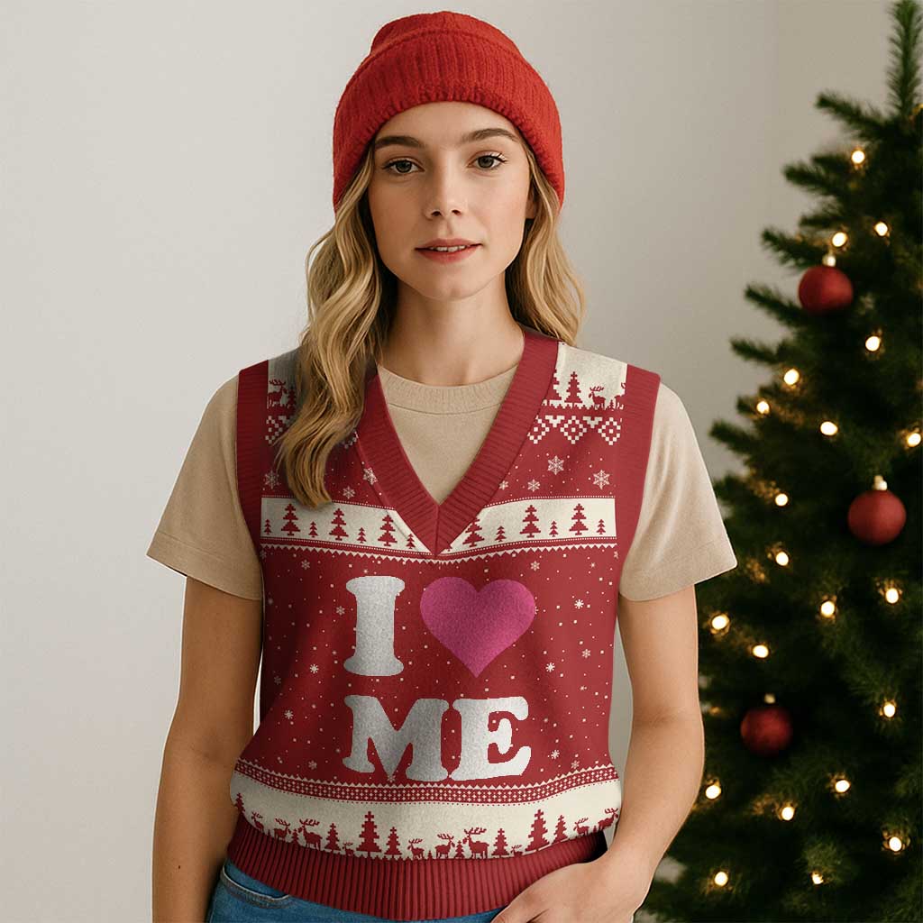 I Love Me V-Neck Knit Sweater Vest Funny Self Love Pink Heart Positive Vibes - Wonder Print Shop