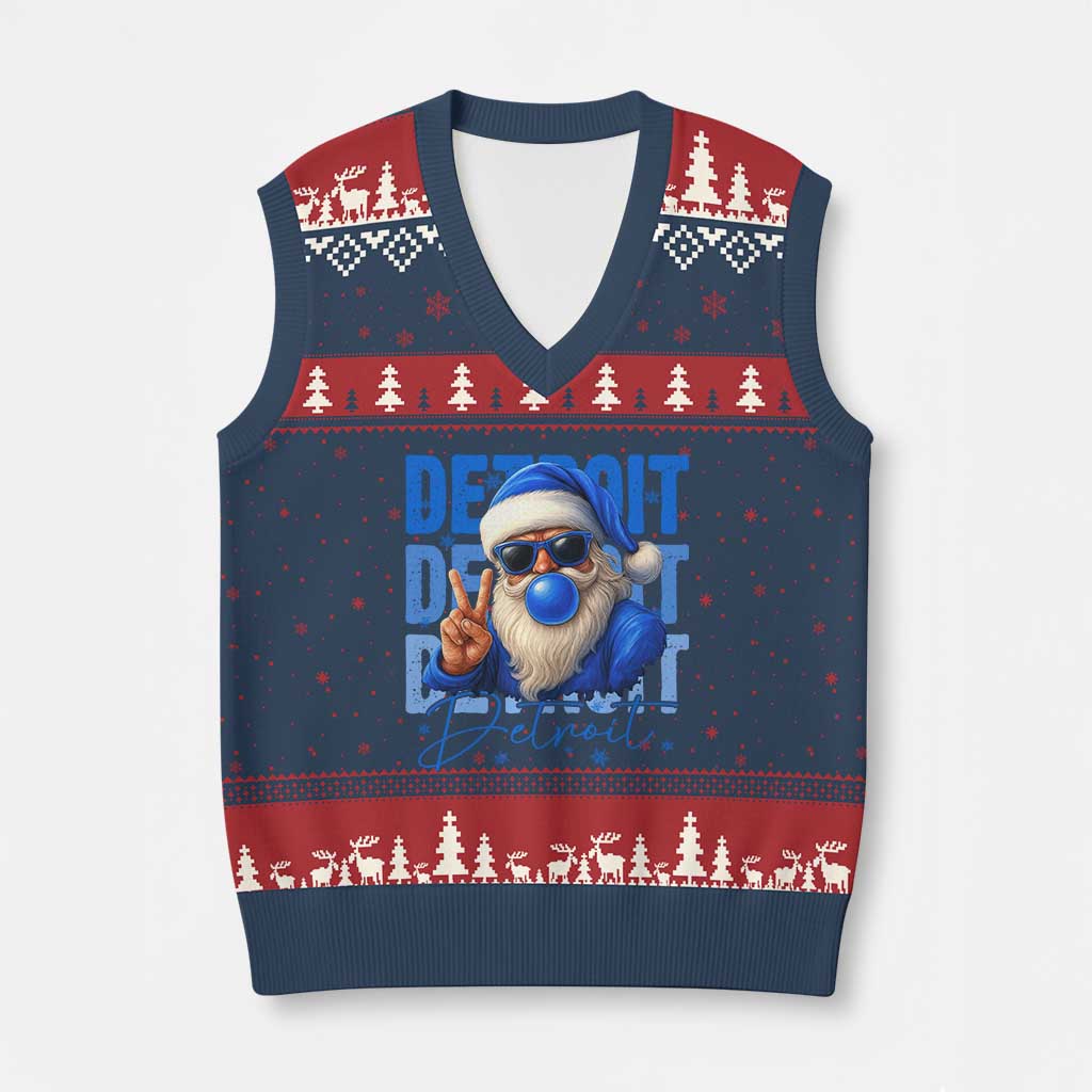 Detroit Football Xmas V-Neck Knit Sweater Vest Santa Retro Lions Fan - Wonder Print Shop
