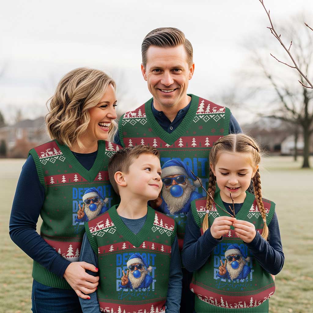 Detroit Football Xmas V-Neck Knit Sweater Vest Santa Retro Lions Fan - Wonder Print Shop