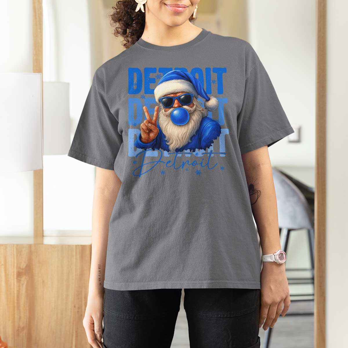 Detroit Football Christmas T Shirt For Women Santa Retro Lions Fan - Wonder Print Shop