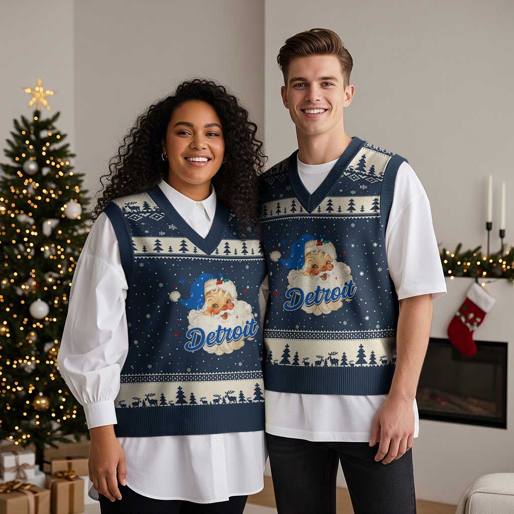 Xmas Detroit Football V-Neck Knit Sweater Vest Vintage Santa Lions Fan - Wonder Print Shop
