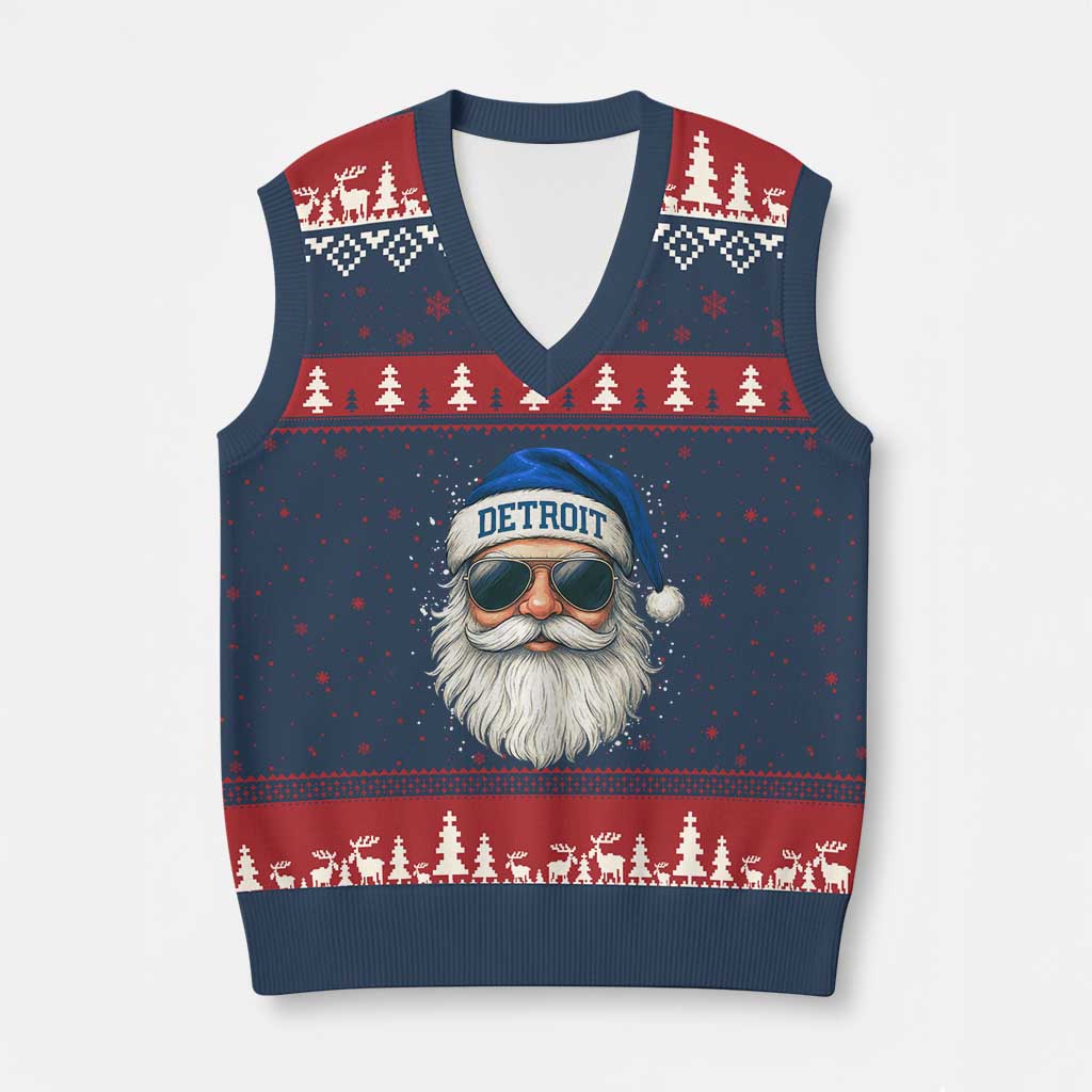 Vintage Detroit Football Xmas V-Neck Knit Sweater Vest Funny Retro Santa Lions Fan Xmas - Wonder Print Shop