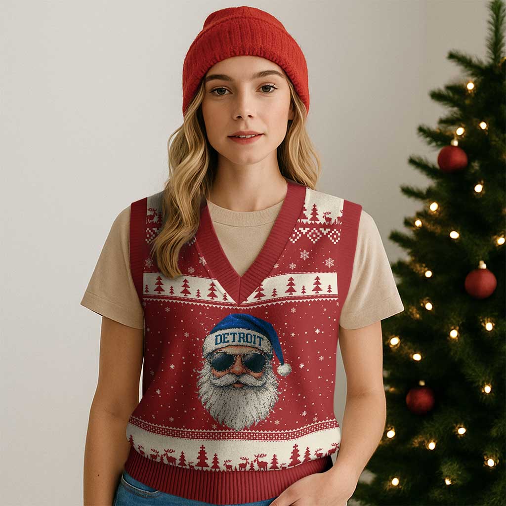 Vintage Detroit Football Xmas V-Neck Knit Sweater Vest Funny Retro Santa Lions Fan Xmas - Wonder Print Shop