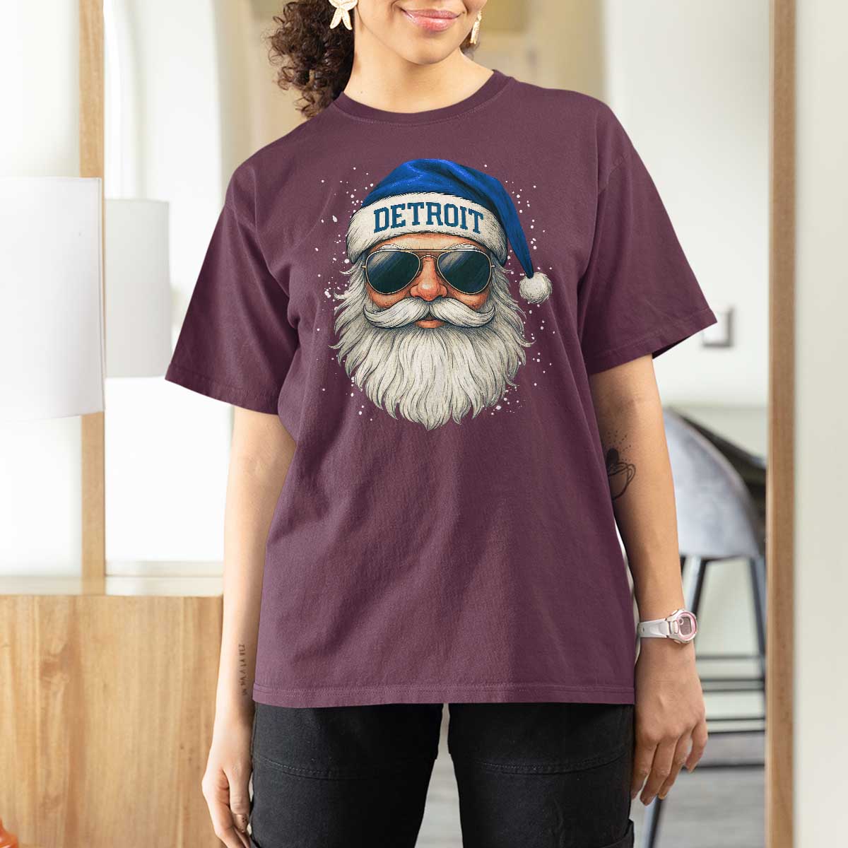 Vintage Detroit Football Christmas T Shirt For Women Funny Retro Santa Lions Fan Xmas - Wonder Print Shop