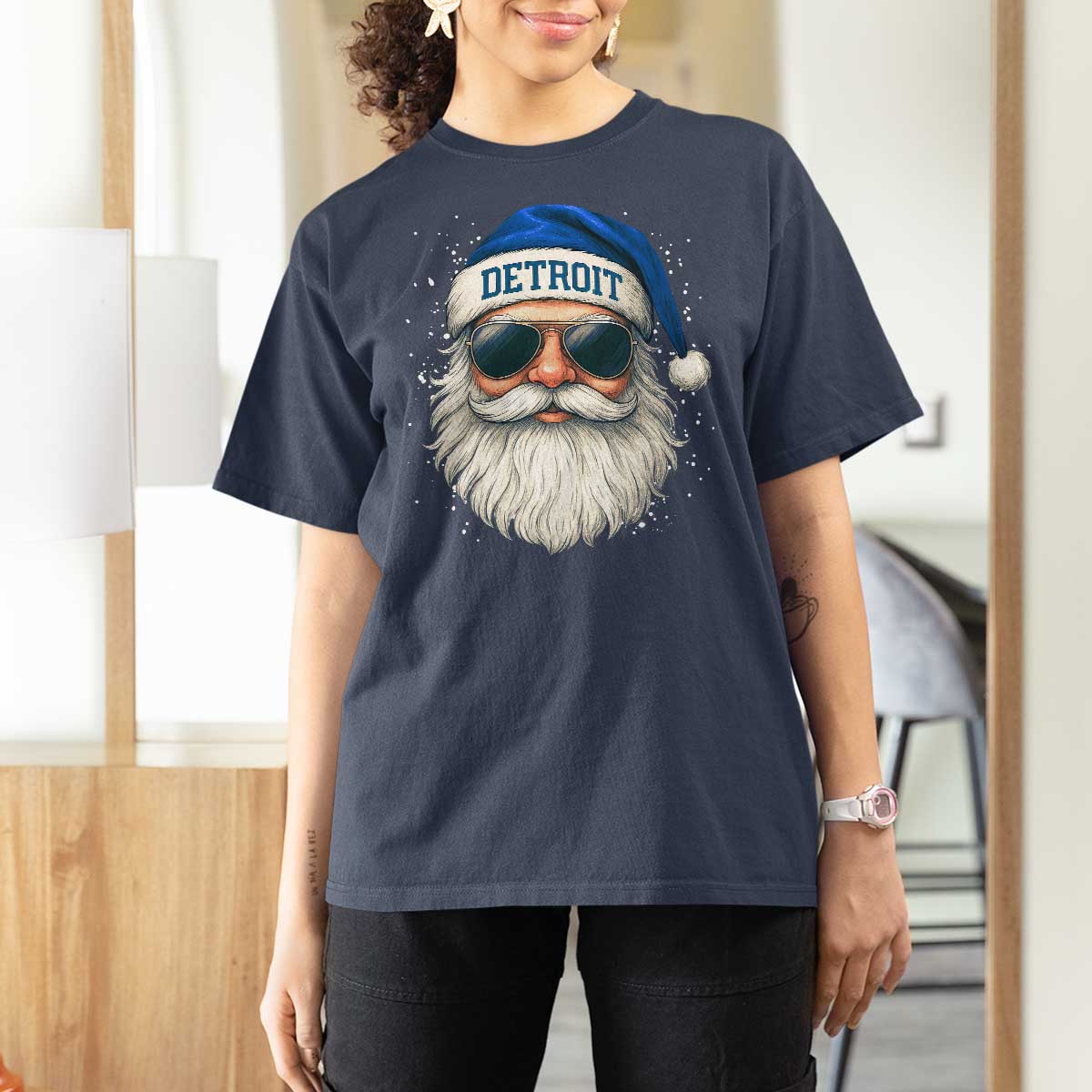 Vintage Detroit Football Christmas T Shirt For Women Funny Retro Santa Lions Fan Xmas - Wonder Print Shop