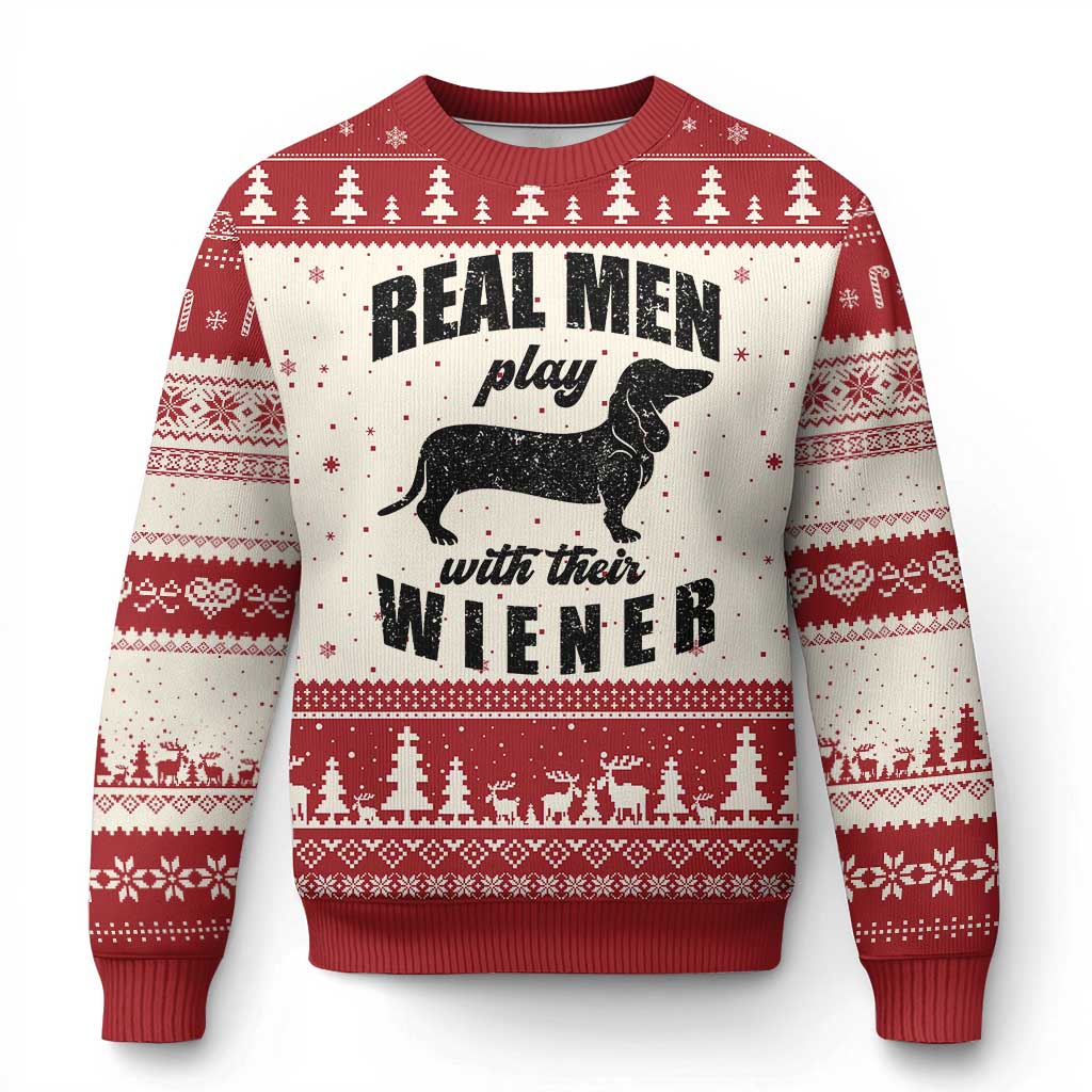 Funny Dachshund Dad Ugly Christmas Sweater Real Men Play With Their Wiener Dog Dad Gag Gift - Wonder Print Shop