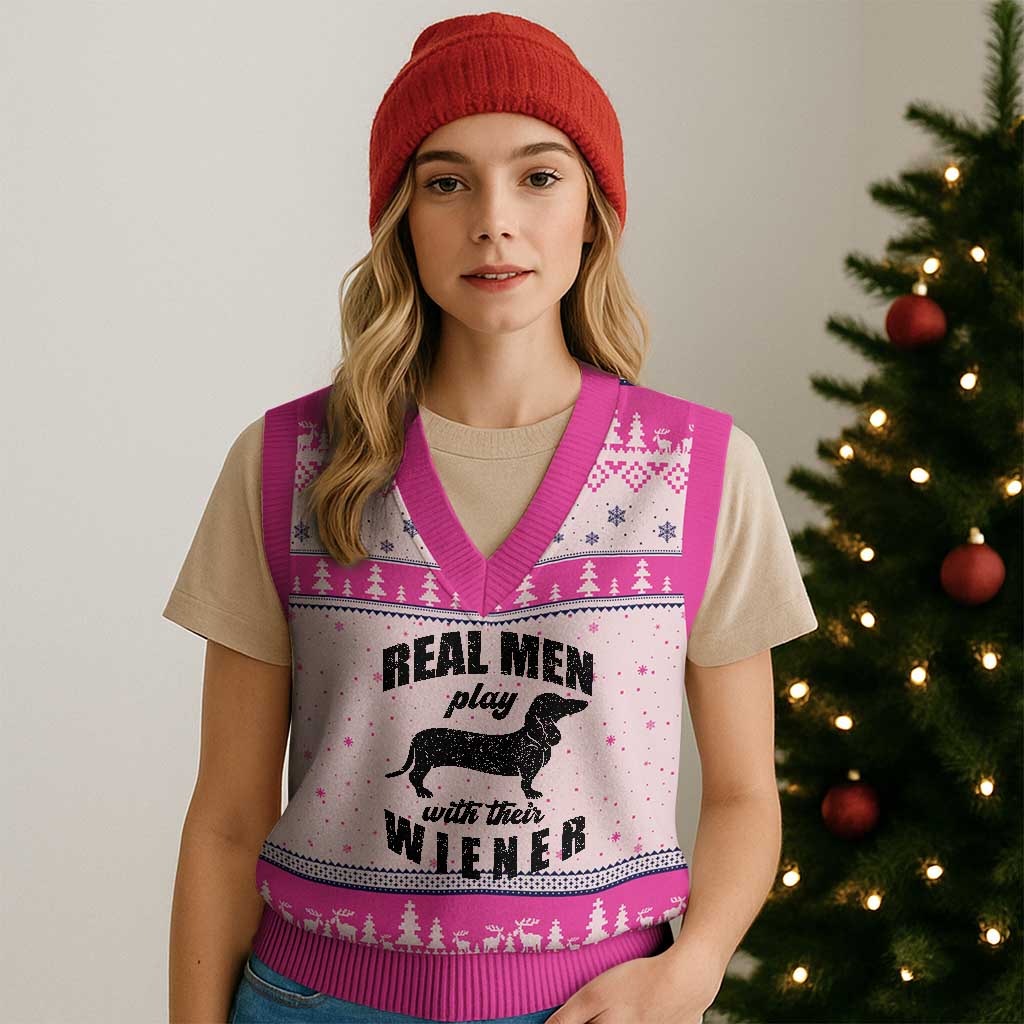 Funny Dachshund Dad V-Neck Knit Sweater Vest Real Men Play With Their Wiener Dog Dad Gag Gift - Wonder Print Shop