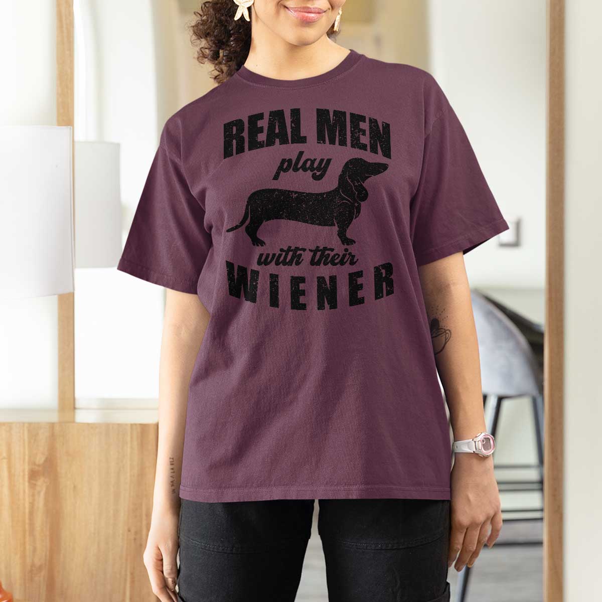 Funny Dachshund Dad T Shirt For Women Real Men Play With Their Wiener Dog Dad Gag Gift - Wonder Print Shop