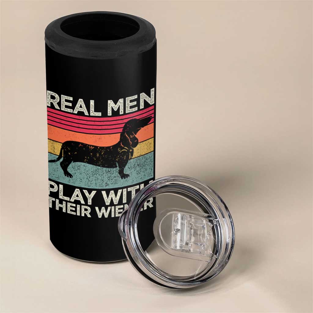 Funny Dachshund Dad 4 in 1 Can Cooler Tumbler Retro Real Men Play With Their Wiener Dog Dad Gag Gift - Wonder Print Shop
