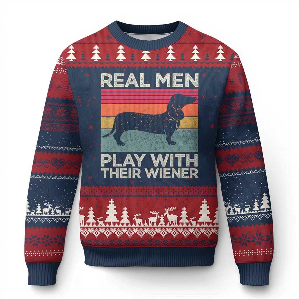 Funny Dachshund Dad Ugly Christmas Sweater Retro Real Men Play With Their Wiener Dog Dad Gag Gift - Wonder Print Shop
