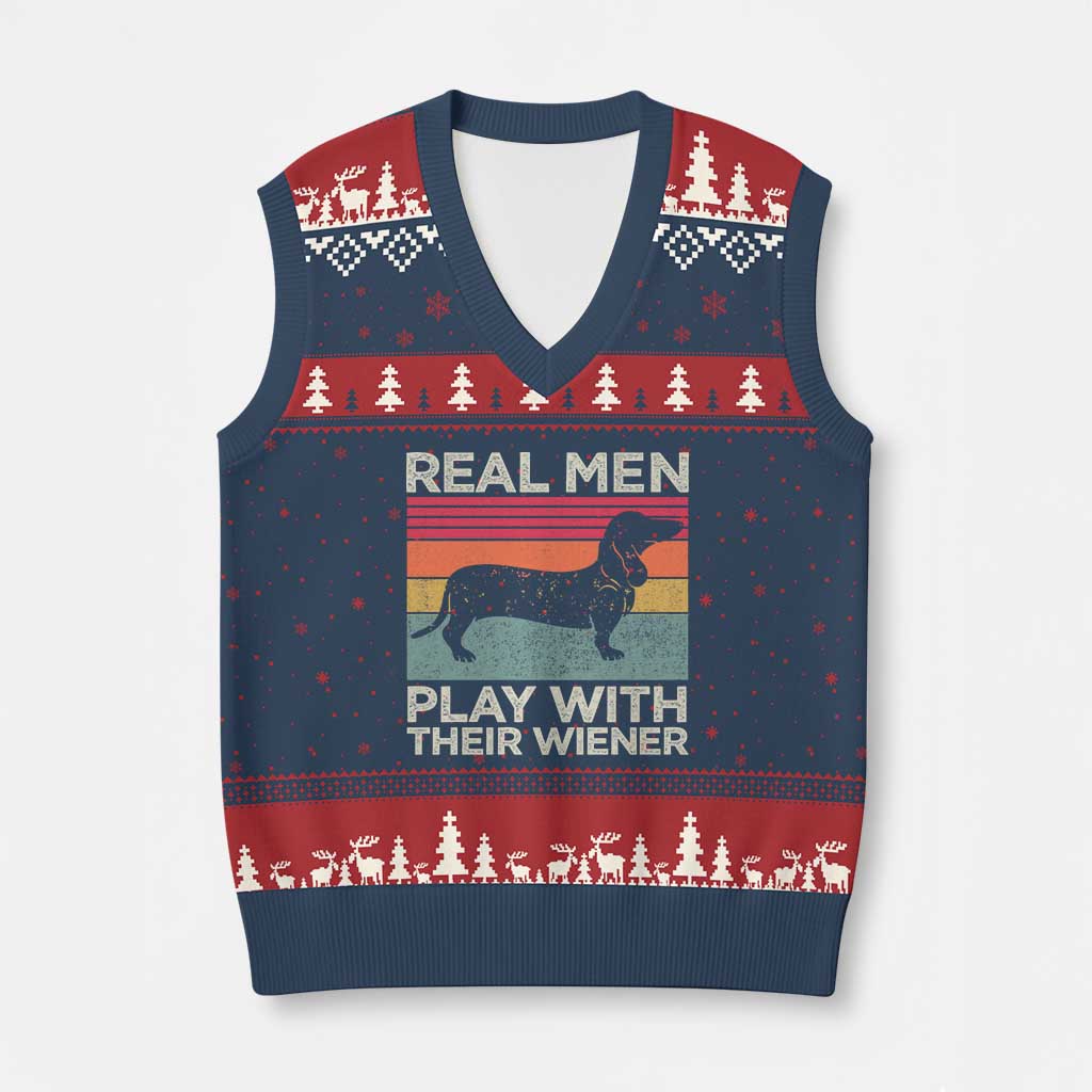 Funny Dachshund Dad V-Neck Knit Sweater Vest Retro Real Men Play With Their Wiener Dog Dad Gag Gift - Wonder Print Shop