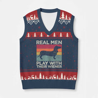 Funny Dachshund Dad V-Neck Knit Sweater Vest Retro Real Men Play With Their Wiener Dog Dad Gag Gift - Wonder Print Shop