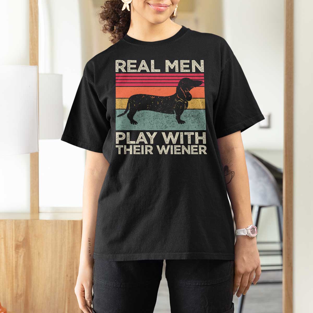 Funny Dachshund Dad T Shirt For Women Retro Real Men Play With Their Wiener Dog Dad Gag Gift - Wonder Print Shop