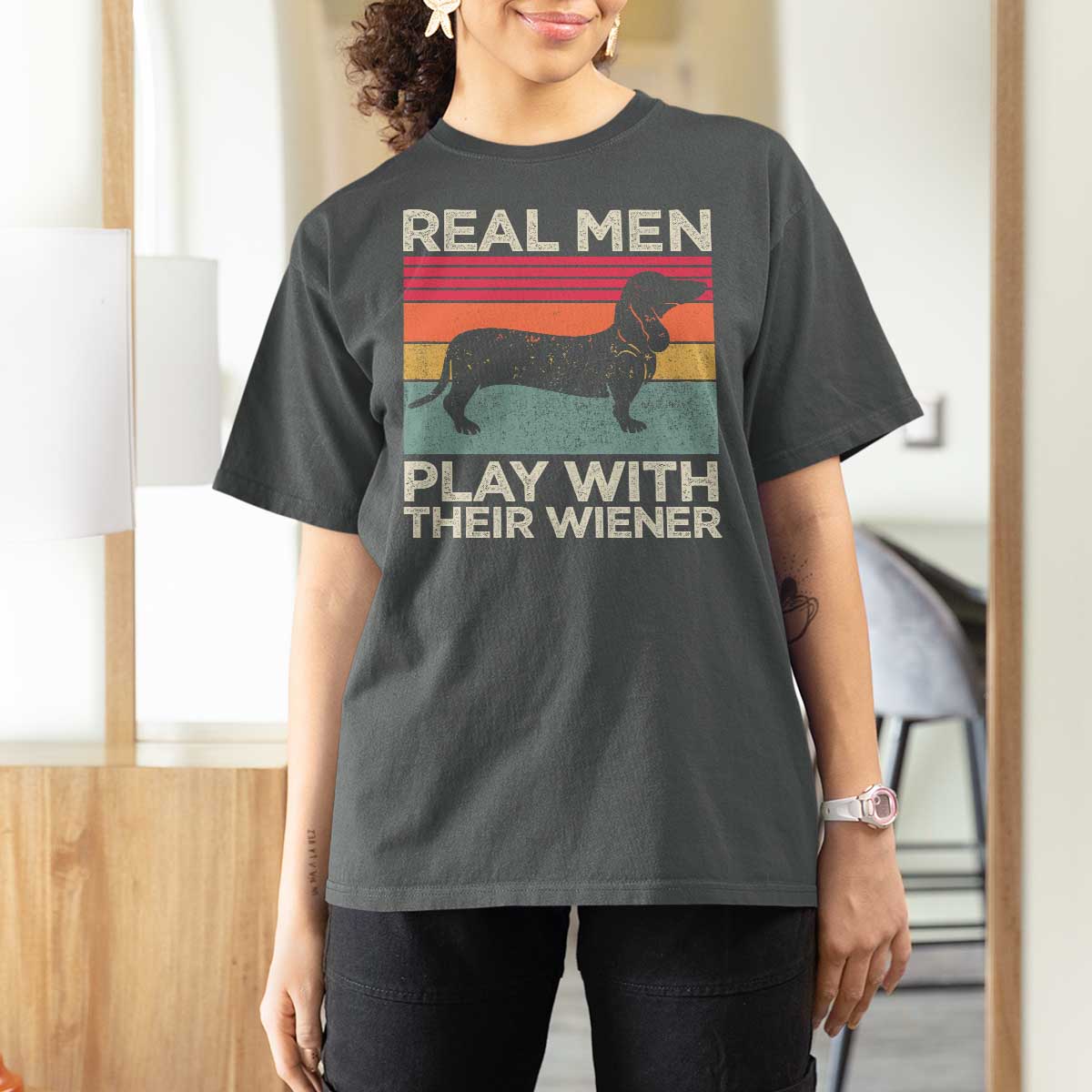 Funny Dachshund Dad T Shirt For Women Retro Real Men Play With Their Wiener Dog Dad Gag Gift - Wonder Print Shop