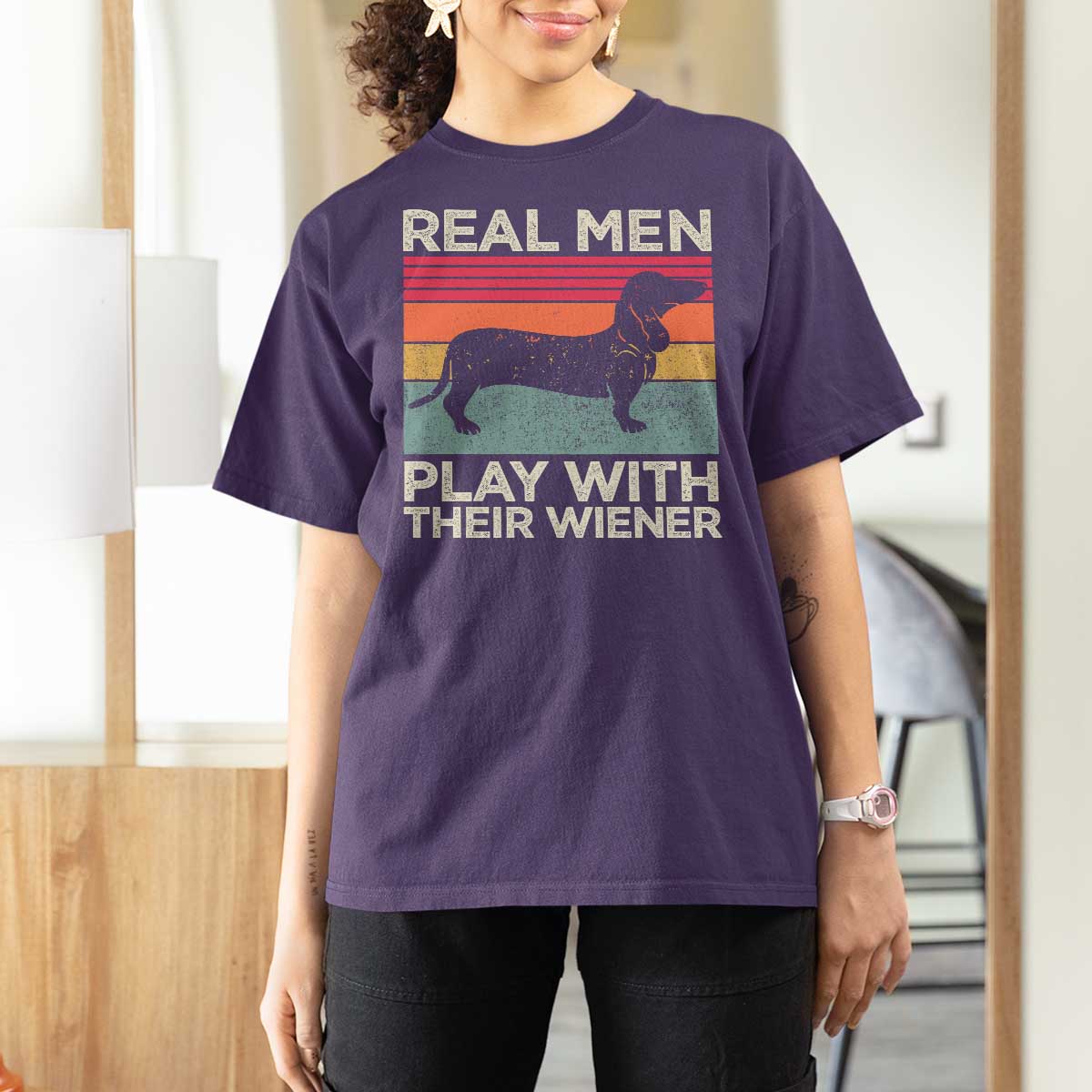 Funny Dachshund Dad T Shirt For Women Retro Real Men Play With Their Wiener Dog Dad Gag Gift - Wonder Print Shop
