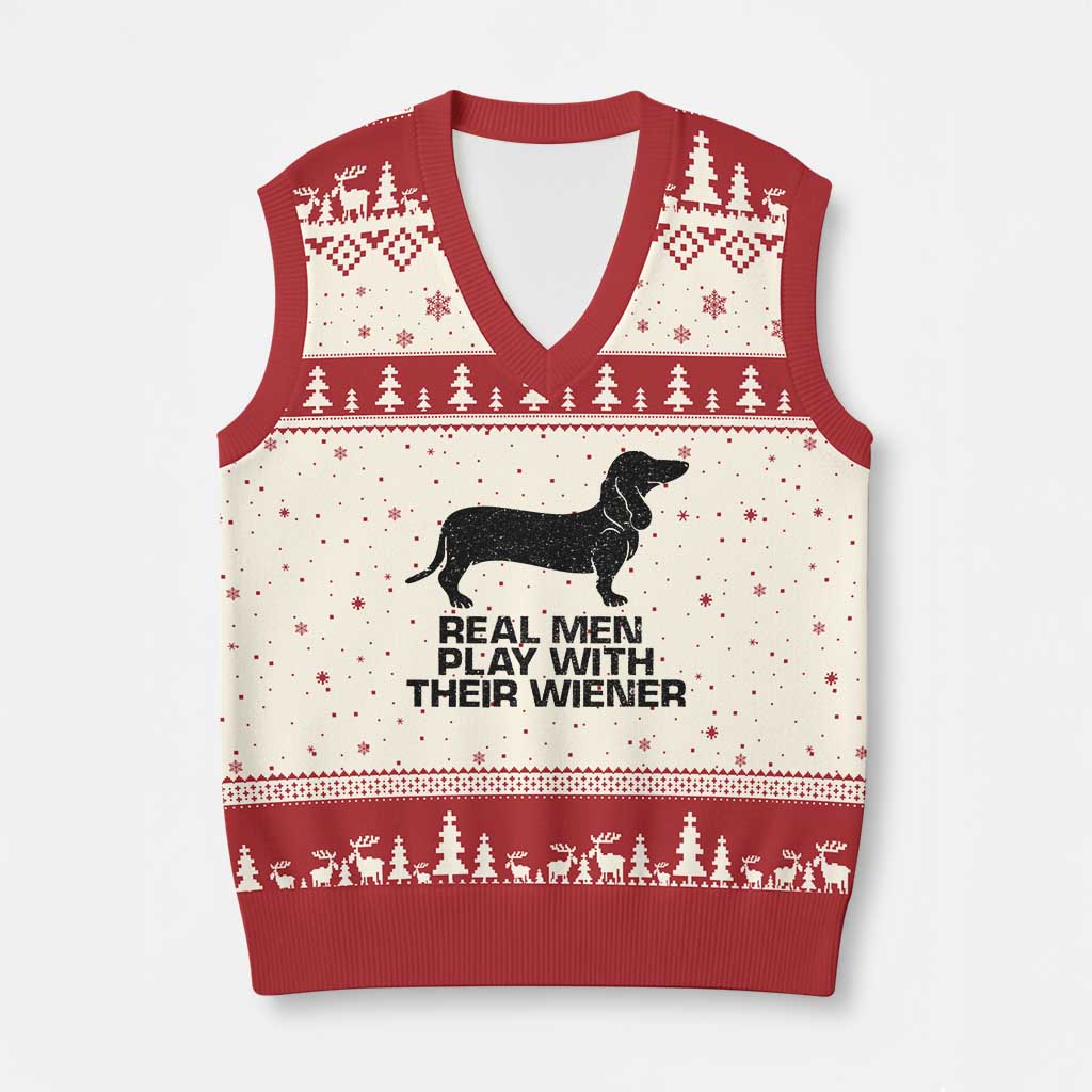 Funny Dachshund Dog Dad V-Neck Knit Sweater Vest Real Men Play With Their Wiener Pet Father Gag Gift - Wonder Print Shop