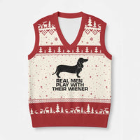 Funny Dachshund Dog Dad V-Neck Knit Sweater Vest Real Men Play With Their Wiener Pet Father Gag Gift - Wonder Print Shop