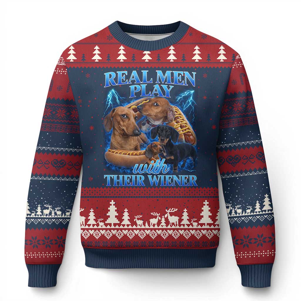 Funny Dachshund Dog Dad Ugly Christmas Sweater Real Men Play With Their Wiener Funny Offensive - Wonder Print Shop