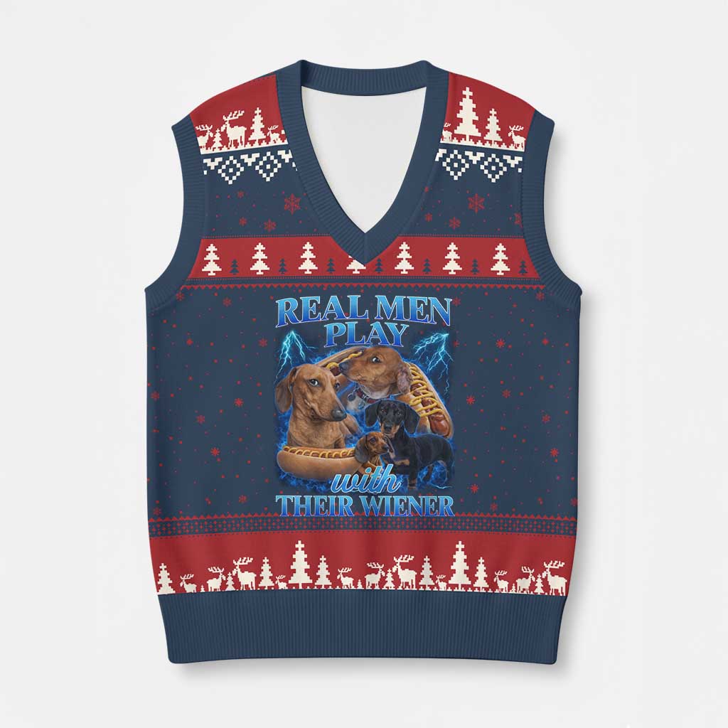 Funny Dachshund Dog Dad V-Neck Knit Sweater Vest Real Men Play With Their Wiener Funny Offensive - Wonder Print Shop