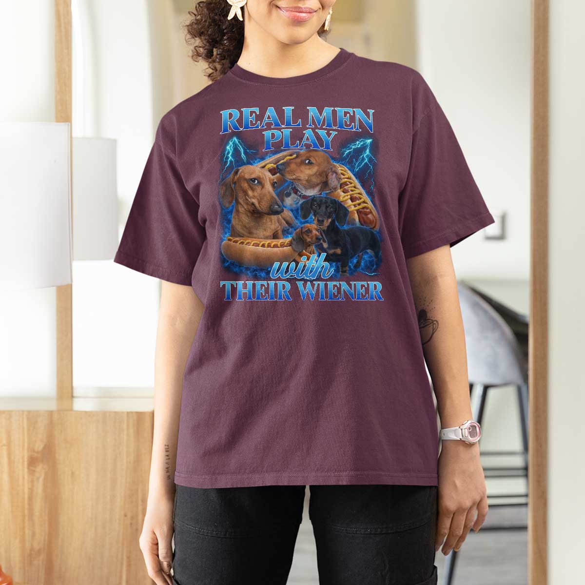 Funny Dachshund Dog Dad T Shirt For Women Real Men Play With Their Wiener Funny Offensive - Wonder Print Shop