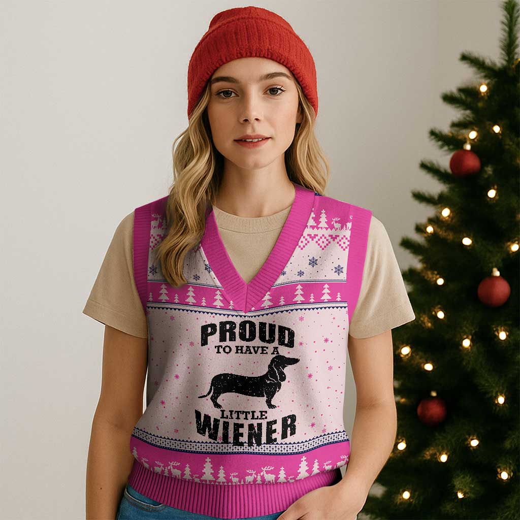 Proud to Have A Little Wiener V-Neck Knit Sweater Vest Funny Offensive Dachshund Retro 90s - Wonder Print Shop