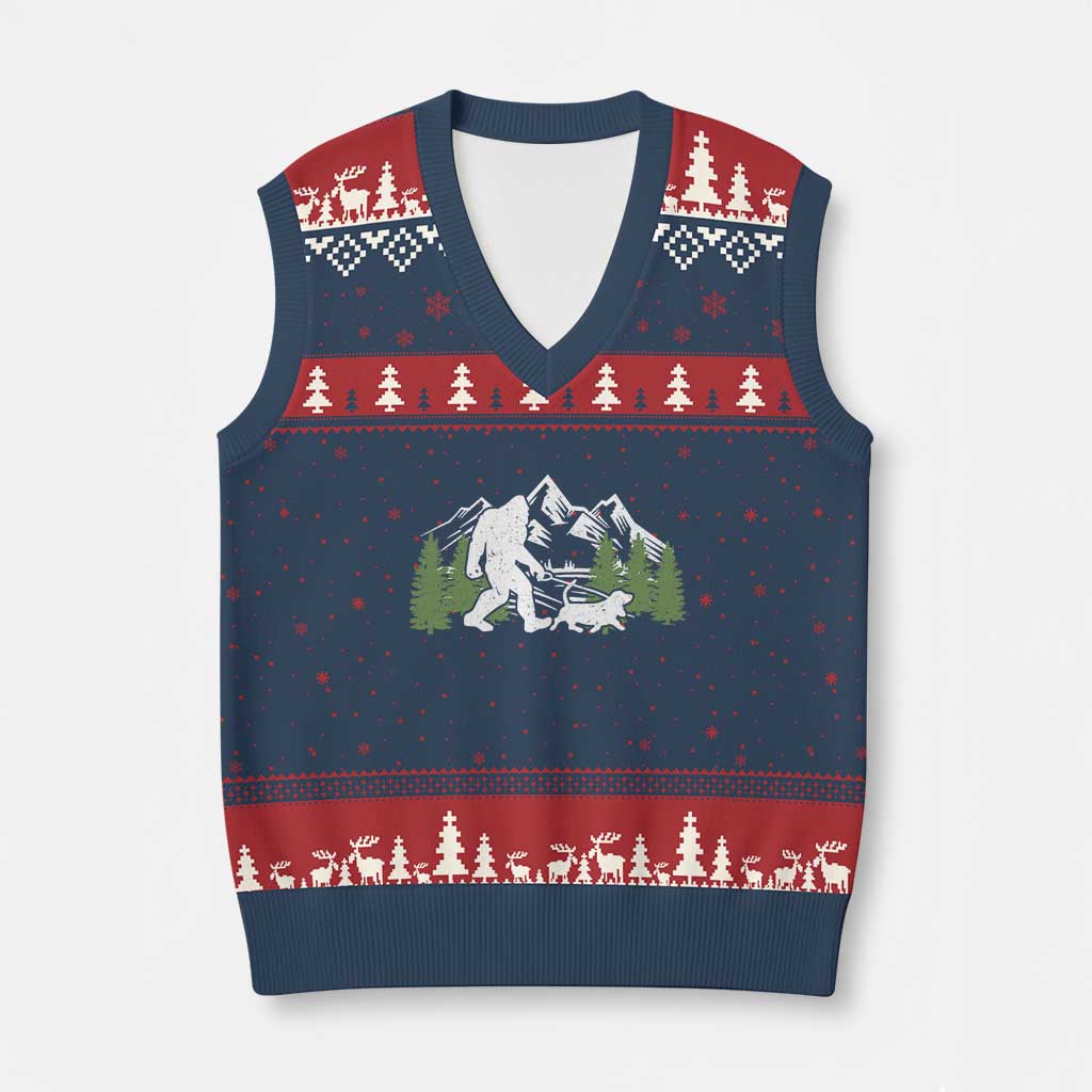 Bigfoot Walking Dachshund V-Neck Knit Sweater Vest Funny Wiener Dog Gift Sasquatch - Wonder Print Shop