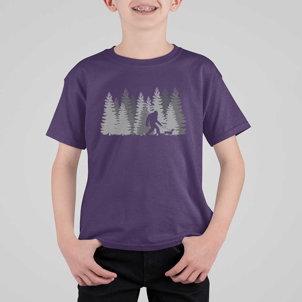 Bigfoot Walking Dachshund T Shirt For Kid Funny Wiener Dog Gift Forest Sasquatch Yeti - Wonder Print Shop