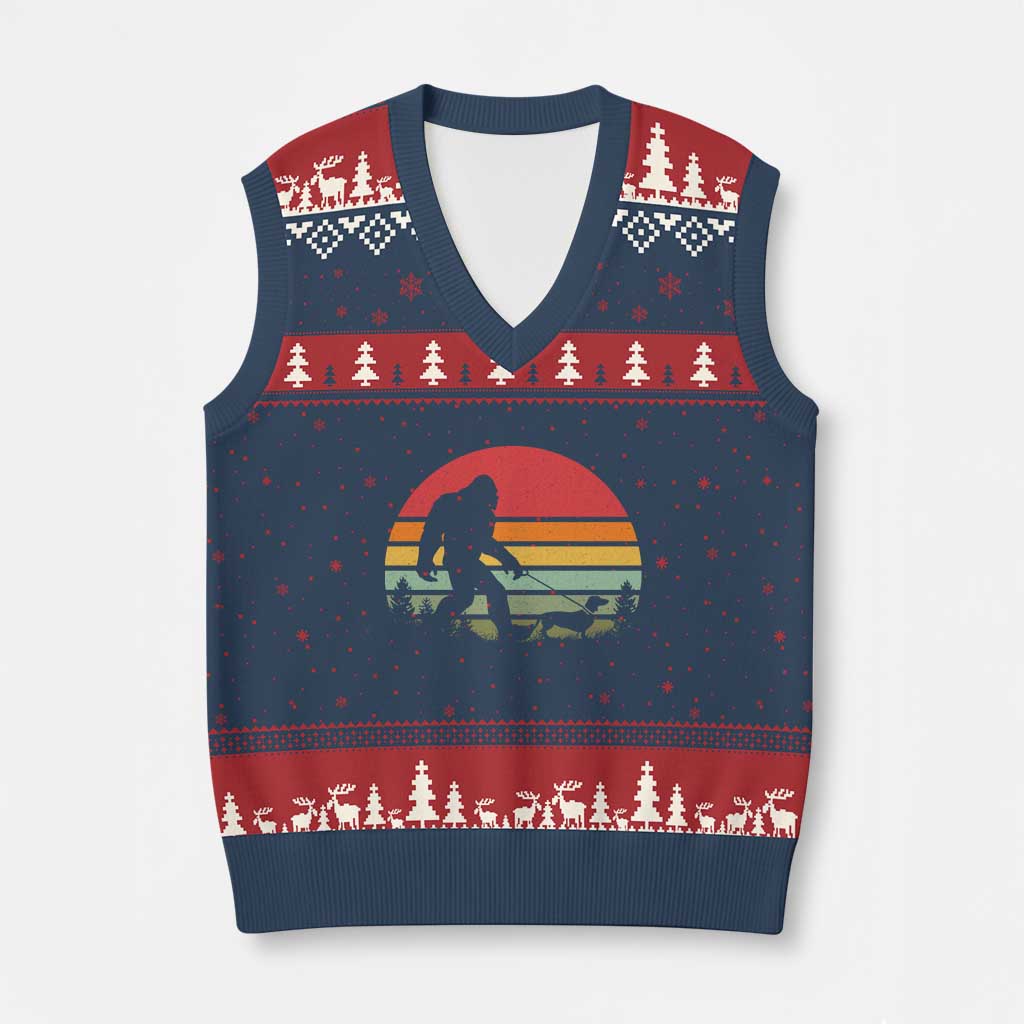 Retro Bigfoot Walking Dachshund V-Neck Knit Sweater Vest Funny Doxie Wiener Dog Walker Vintage 70s 80s - Wonder Print Shop