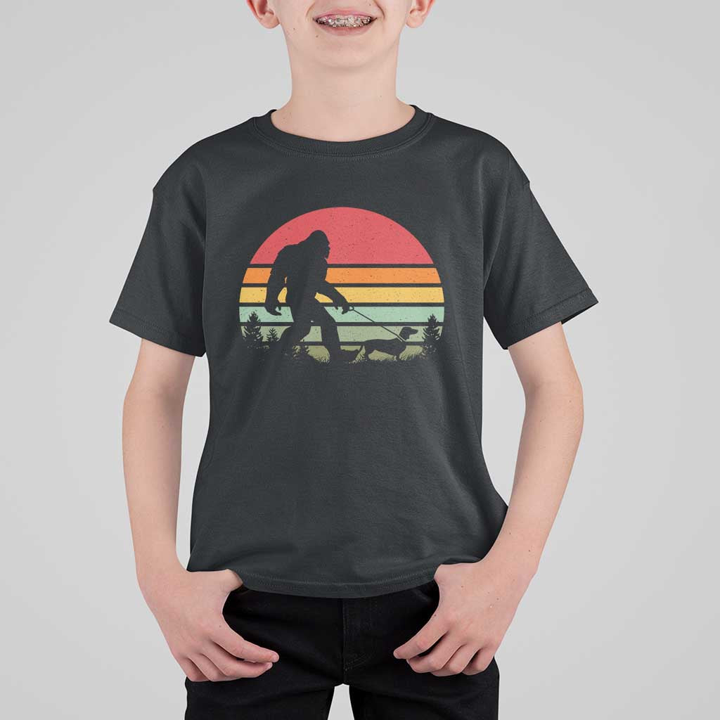 Retro Bigfoot Walking Dachshund T Shirt For Kid Funny Doxie Wiener Dog Walker Vintage 70s 80s - Wonder Print Shop
