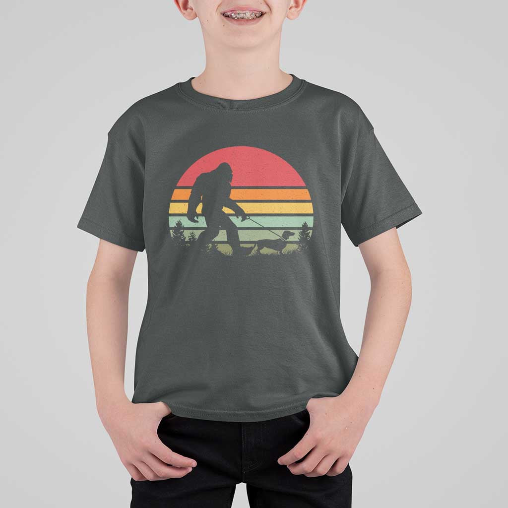 Retro Bigfoot Walking Dachshund T Shirt For Kid Funny Doxie Wiener Dog Walker Vintage 70s 80s - Wonder Print Shop