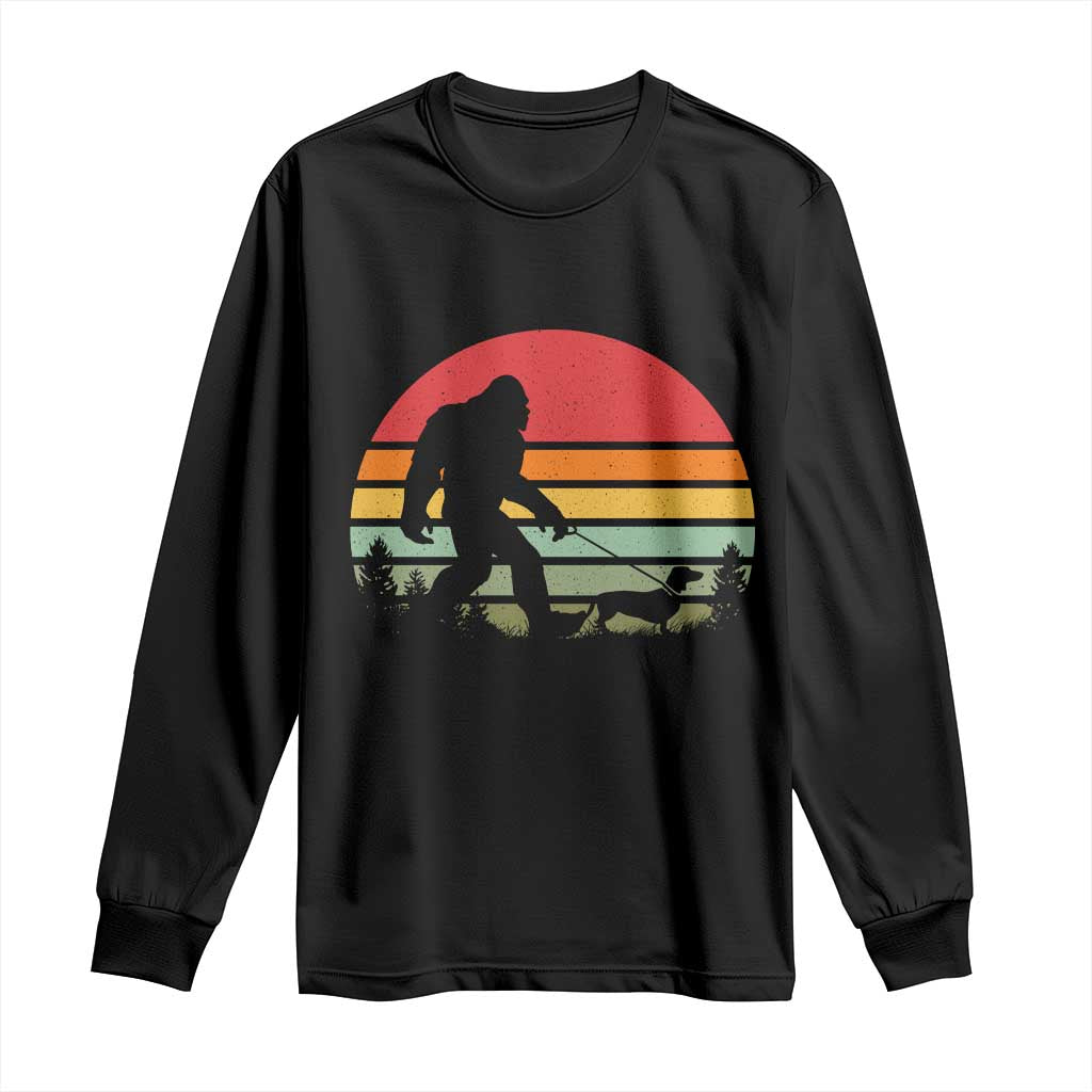 Retro Bigfoot Walking Dachshund Long Sleeve Shirt Funny Doxie Wiener Dog Walker Vintage 70s 80s - Wonder Print Shop