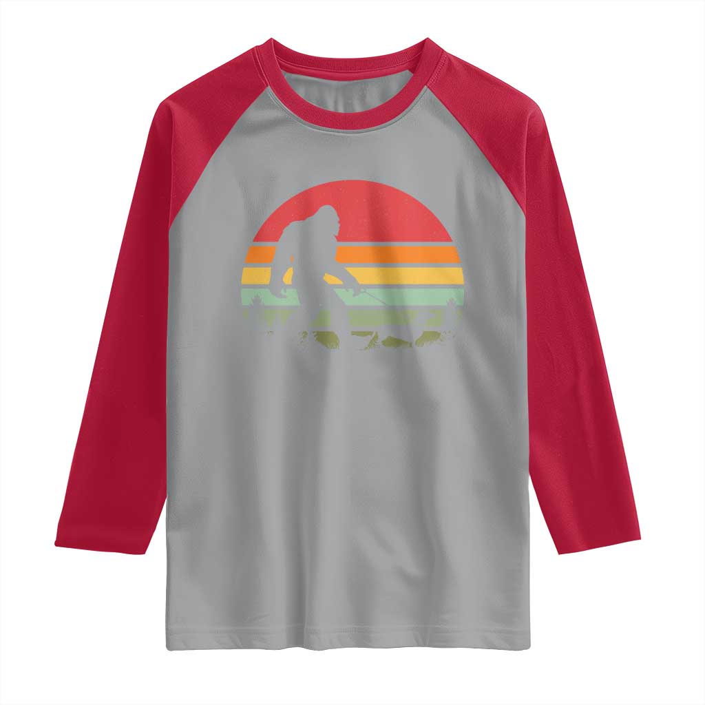 Retro Bigfoot Walking Dachshund Raglan Shirt Funny Doxie Wiener Dog Walker Vintage 70s 80s - Wonder Print Shop