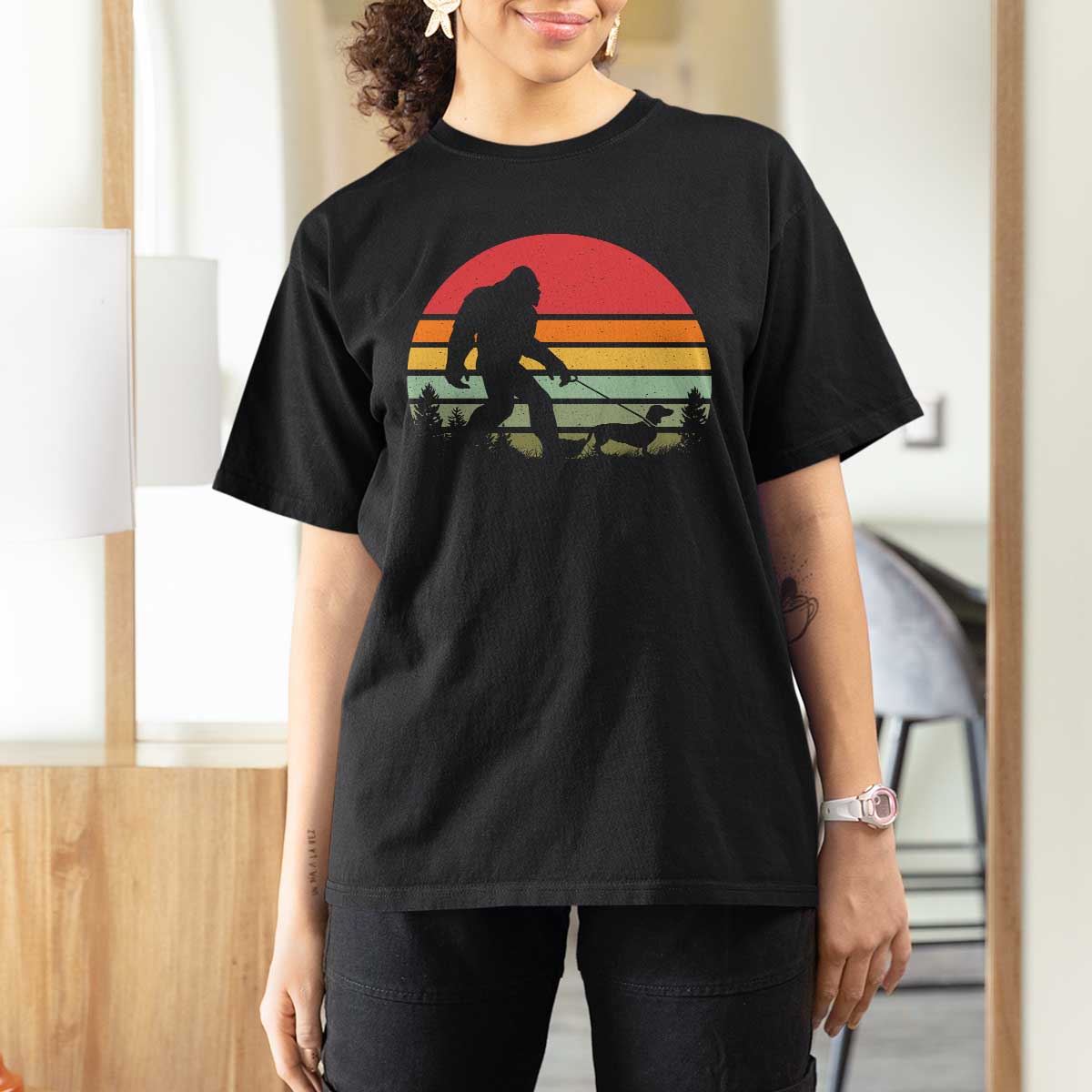Retro Bigfoot Walking Dachshund T Shirt For Women Funny Doxie Wiener Dog Walker Vintage 70s 80s - Wonder Print Shop