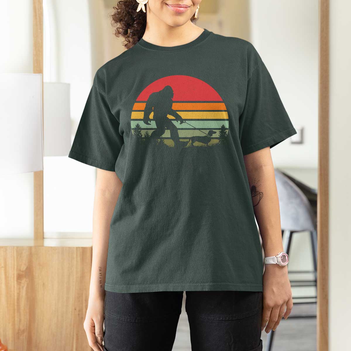 Retro Bigfoot Walking Dachshund T Shirt For Women Funny Doxie Wiener Dog Walker Vintage 70s 80s - Wonder Print Shop