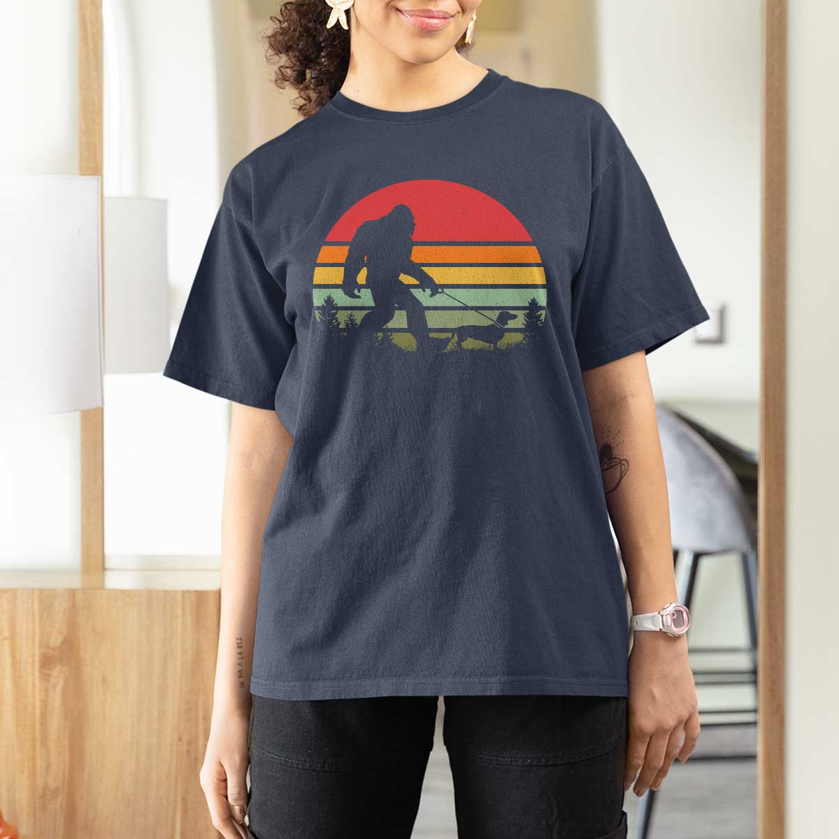 Retro Bigfoot Walking Dachshund T Shirt For Women Funny Doxie Wiener Dog Walker Vintage 70s 80s - Wonder Print Shop