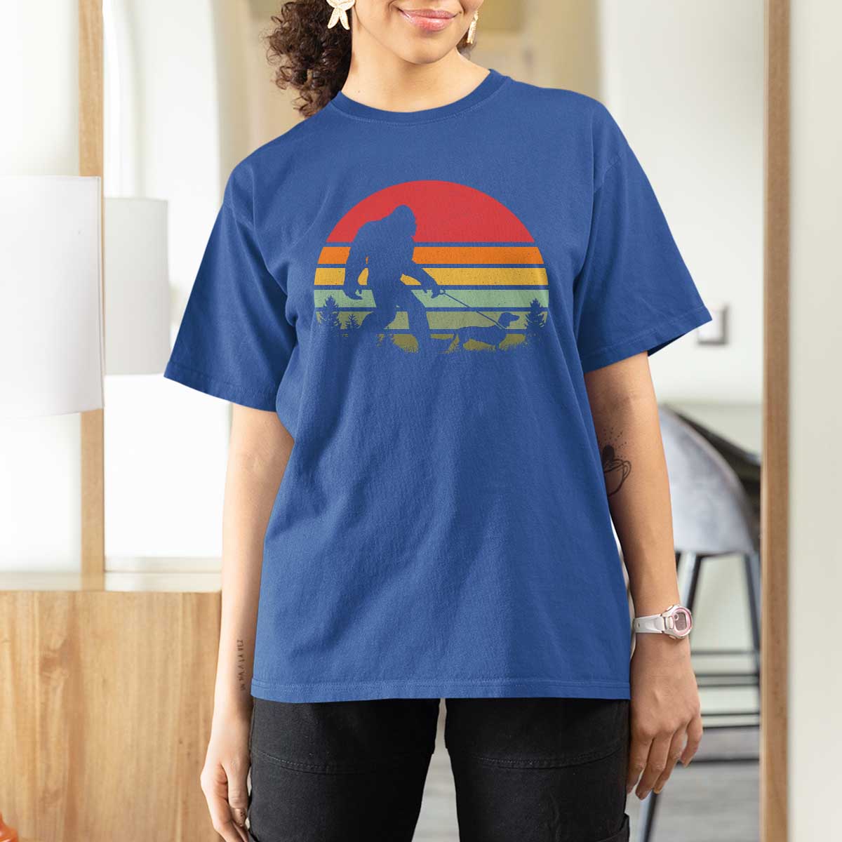 Retro Bigfoot Walking Dachshund T Shirt For Women Funny Doxie Wiener Dog Walker Vintage 70s 80s - Wonder Print Shop