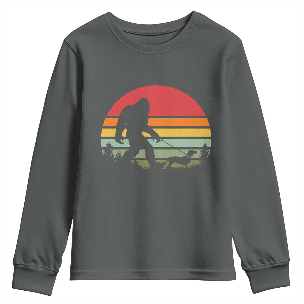 Retro Bigfoot Walking Dachshund Youth Sweatshirt Funny Doxie Wiener Dog Walker Vintage 70s 80s - Wonder Print Shop