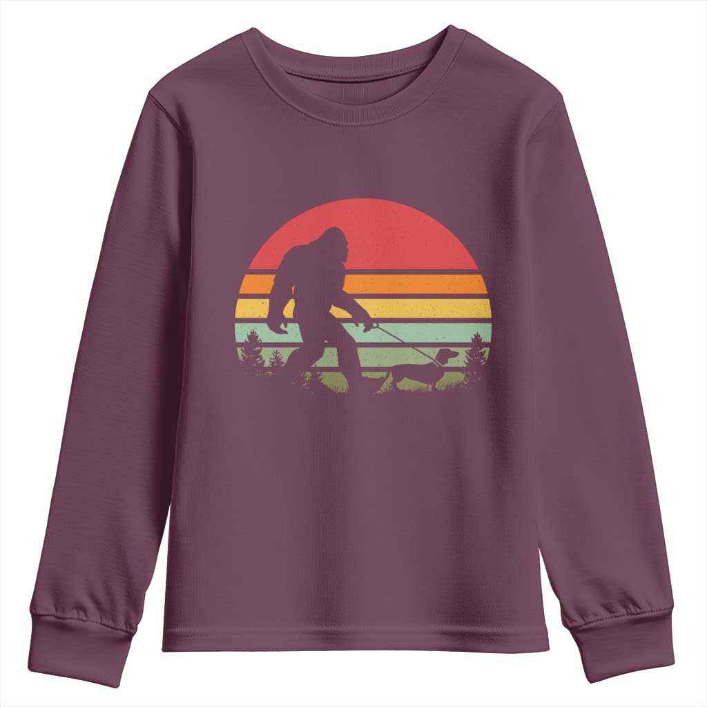 Retro Bigfoot Walking Dachshund Youth Sweatshirt Funny Doxie Wiener Dog Walker Vintage 70s 80s - Wonder Print Shop