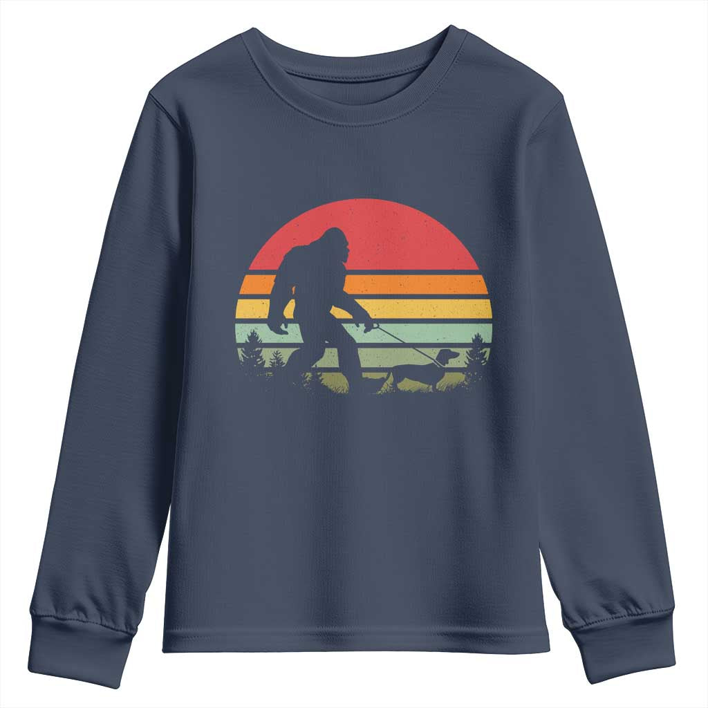 Retro Bigfoot Walking Dachshund Youth Sweatshirt Funny Doxie Wiener Dog Walker Vintage 70s 80s - Wonder Print Shop