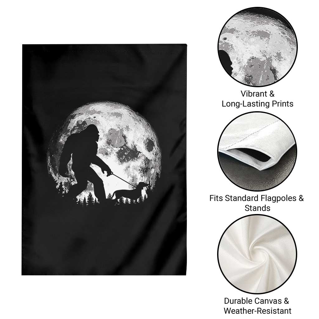 Bigfoot Walking Dachshund Garden Flag Funny Doxie Wiener Sasquatch Night Stroll Full Moon - Wonder Print Shop