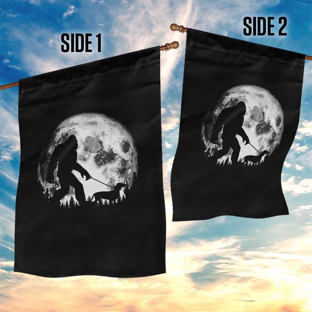 Bigfoot Walking Dachshund Garden Flag Funny Doxie Wiener Sasquatch Night Stroll Full Moon - Wonder Print Shop