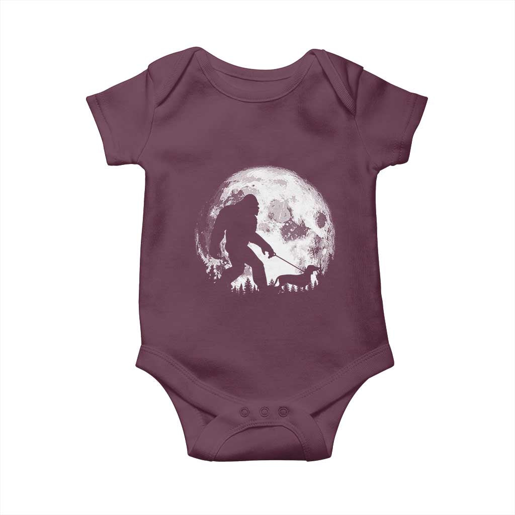 Bigfoot Walking Dachshund Baby Onesie Funny Doxie Wiener Sasquatch Night Stroll Full Moon - Wonder Print Shop