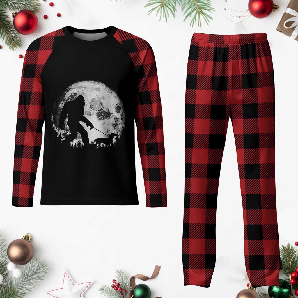 Bigfoot Walking Dachshund Plaid Pajama Set Funny Doxie Wiener Sasquatch Night Stroll Full Moon - Wonder Print Shop