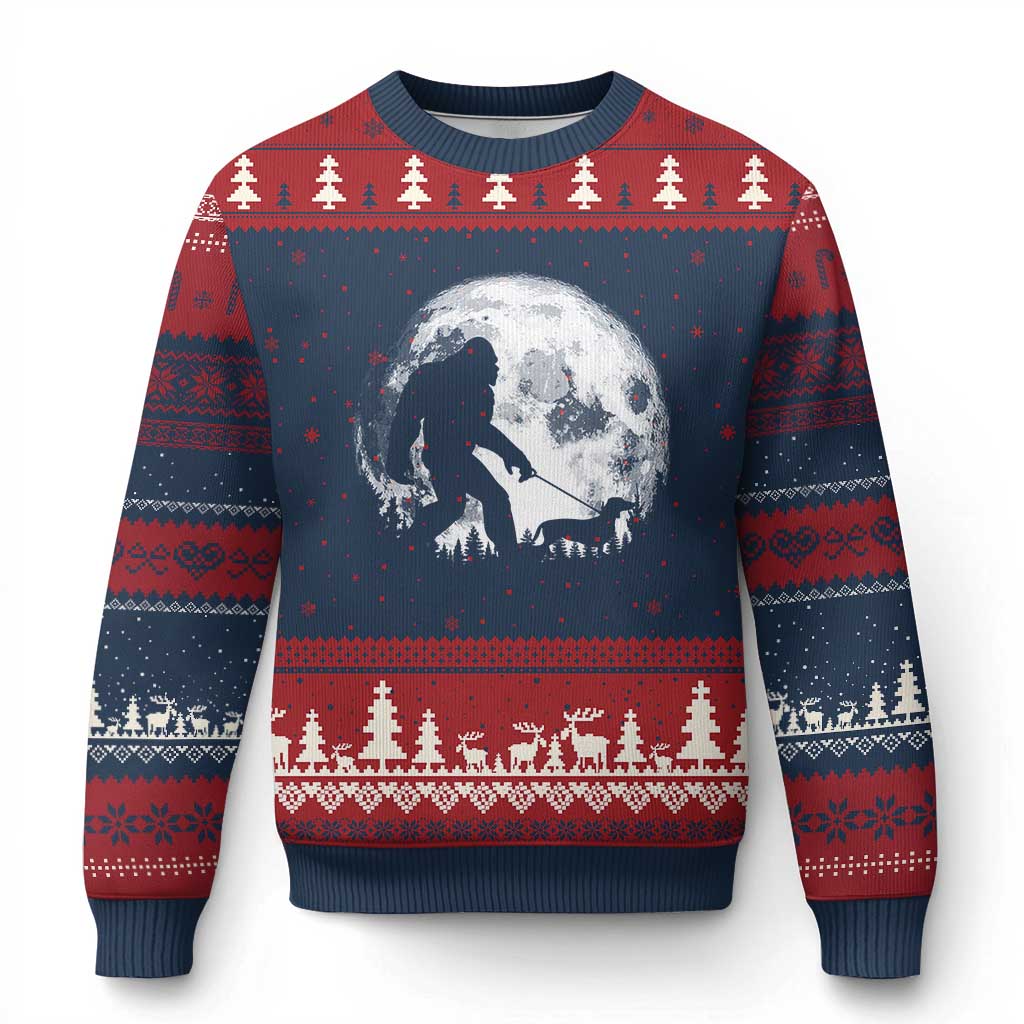 Bigfoot Walking Dachshund Ugly Christmas Sweater Funny Doxie Wiener Sasquatch Night Stroll Full Moon - Wonder Print Shop