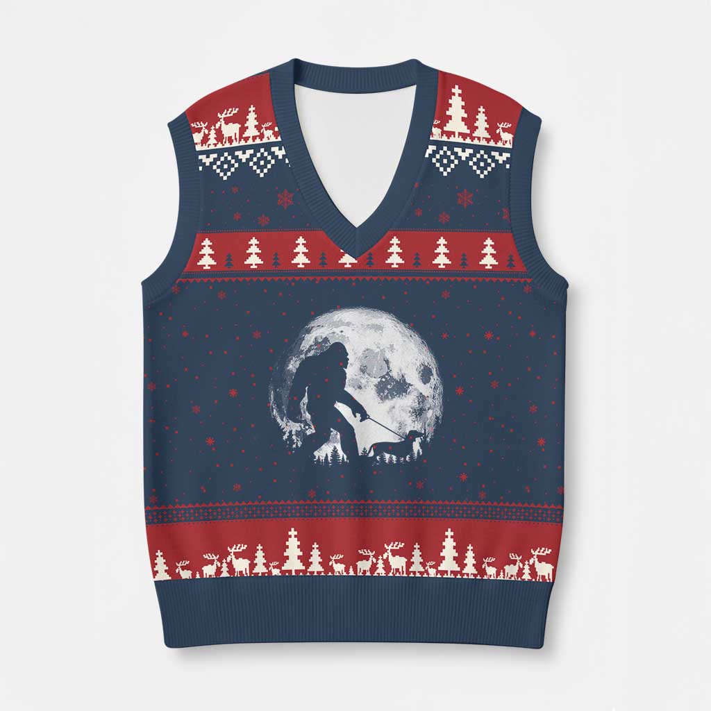 Bigfoot Walking Dachshund V-Neck Knit Sweater Vest Funny Doxie Wiener Sasquatch Night Stroll Full Moon - Wonder Print Shop