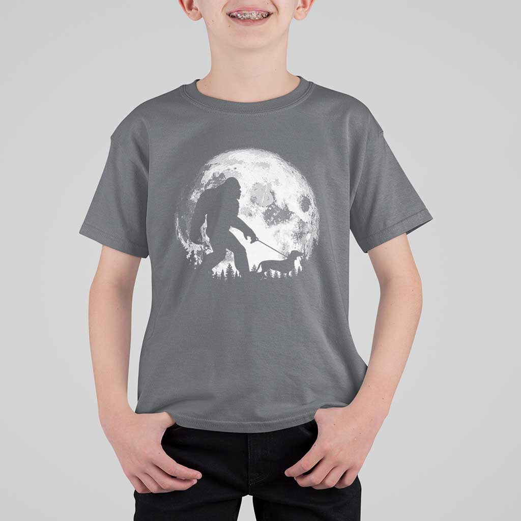 Bigfoot Walking Dachshund T Shirt For Kid Funny Doxie Wiener Sasquatch Night Stroll Full Moon - Wonder Print Shop